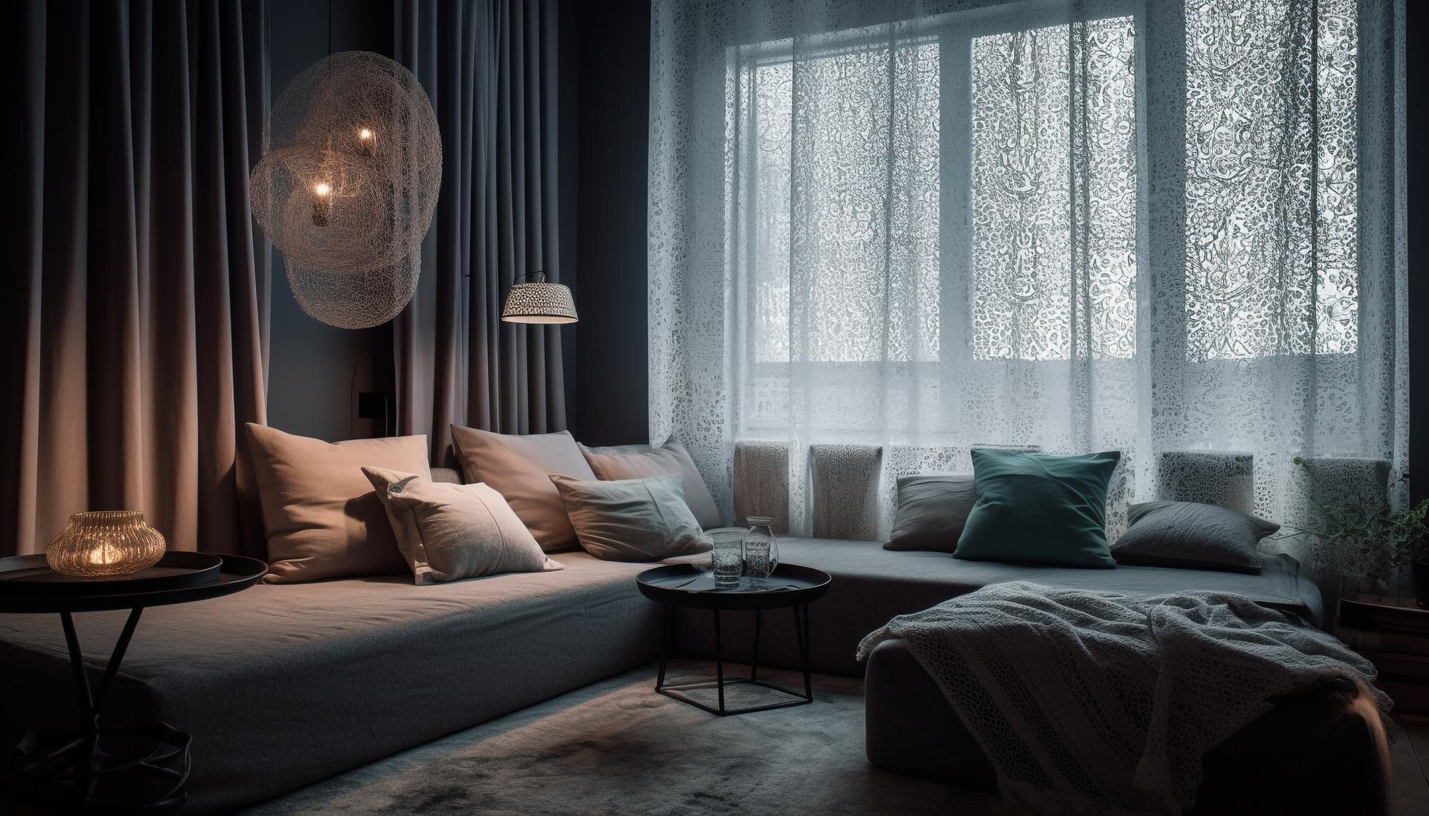 Diseño interior con cortinas y alfombras